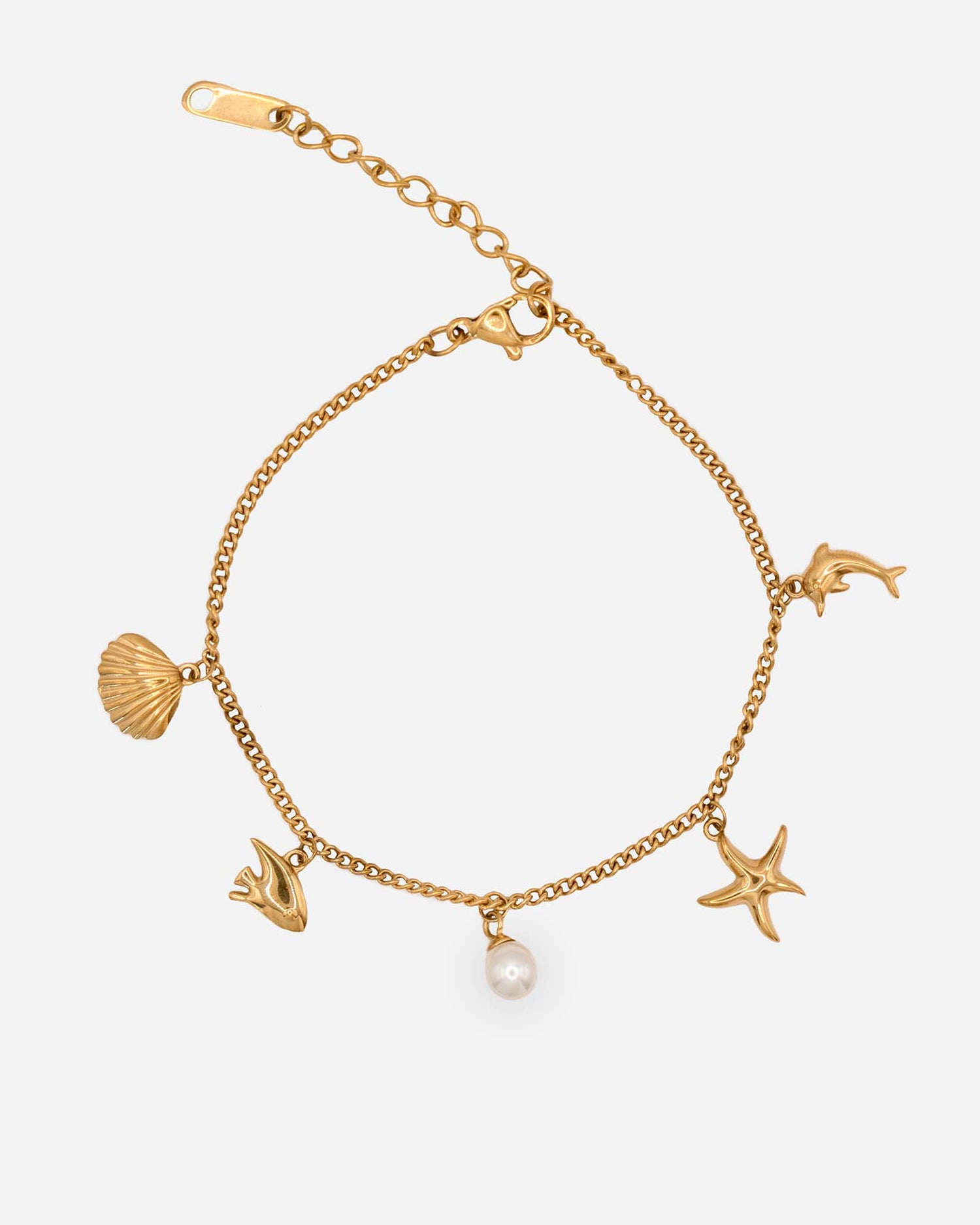 Ocean Tale Armband aus Edelstahl Gold mit Muschel-, Seestern-, Delfin- und Perlenanhänger, wasserfest, hypoallergen