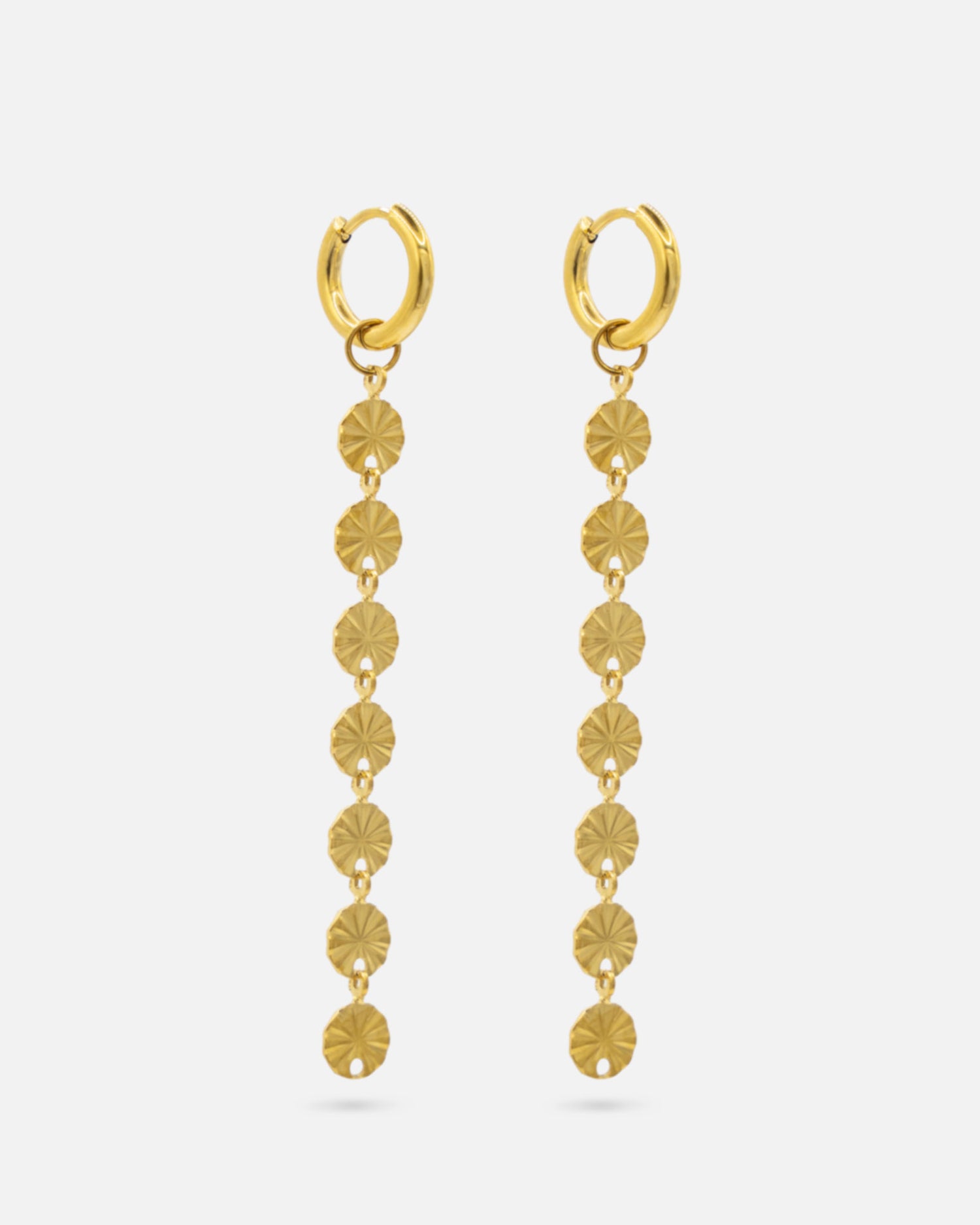 Sun Drops Gold lange Ohrringe aus 18K vergoldetem Edelstahl mit runden Sonnenplättchen
