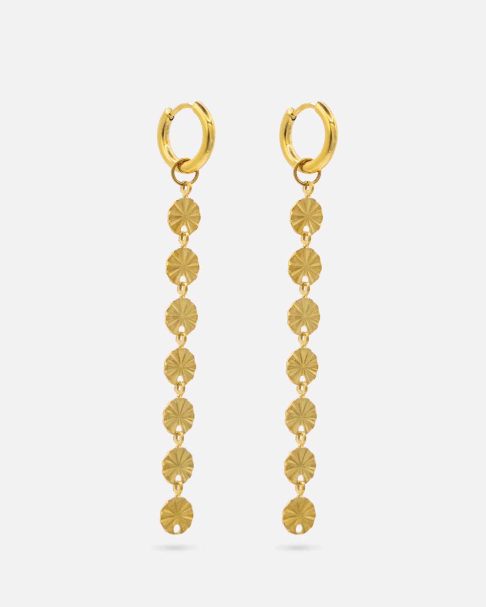 Sun Drops Gold lange Ohrringe aus 18K vergoldetem Edelstahl mit runden Sonnenplättchen