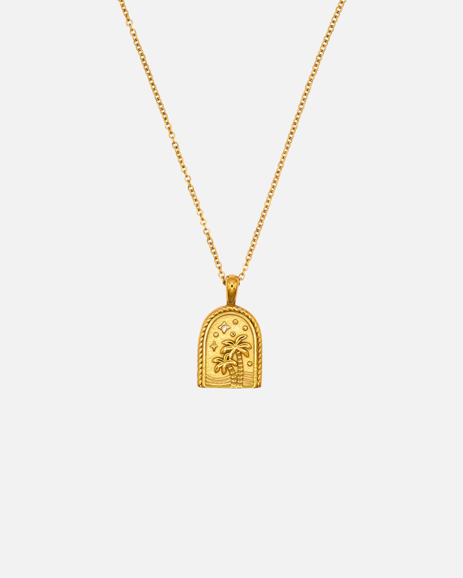 Goldene Halskette mit Palmen und Strand und Sternen Wasserfest