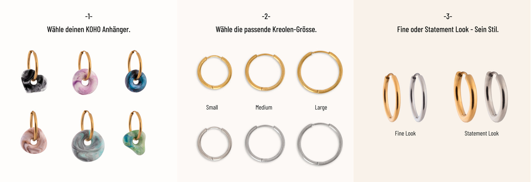 KOHO Mix & Match Übersicht mit verschiedenen Charms und Creolen